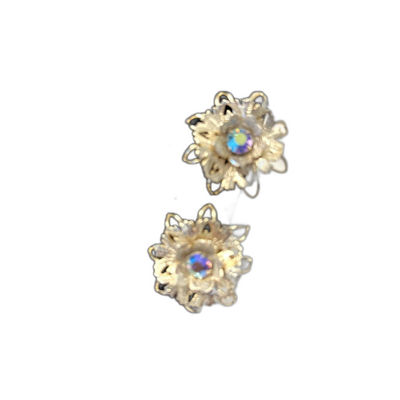 Vintage Aurora Borealis Iridescent Floral Clip-On Earrings, 1950's Era Style - Picture 1 of 7